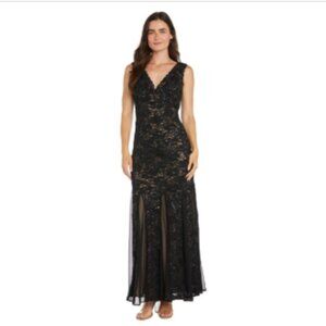 R M Richards Womens Lace Sequin V-Neck S BlackNude 14